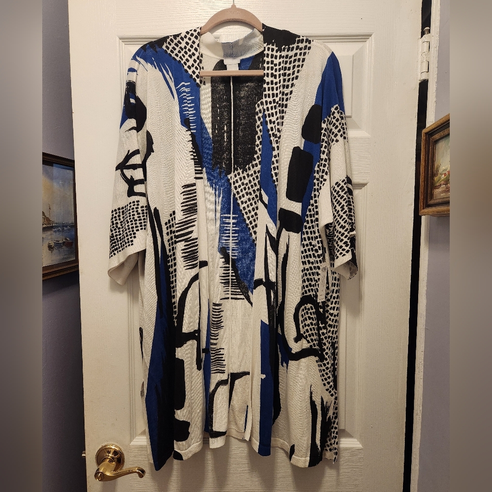 Chico's blue/white/black long cardigan